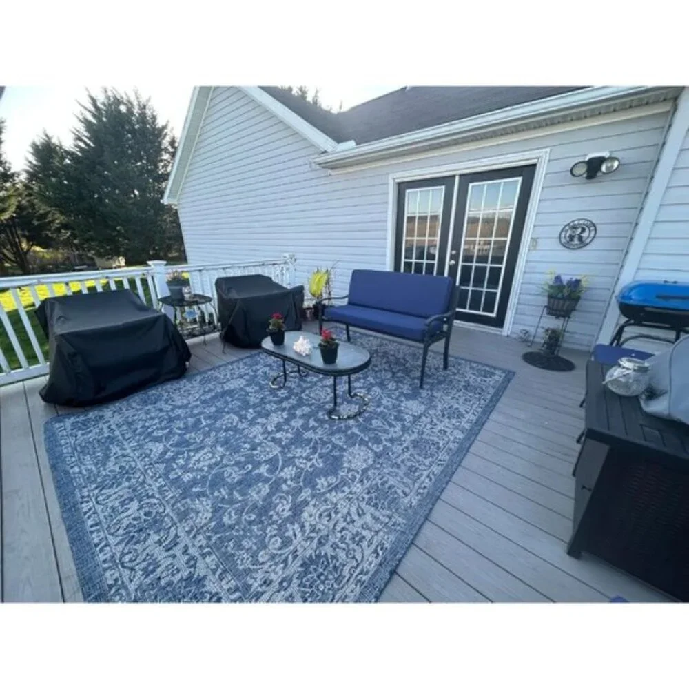 New 8x10 Boho Navy Gray Rug Indoor Outdoor Non-Slip Area Carpet for Home & Patio